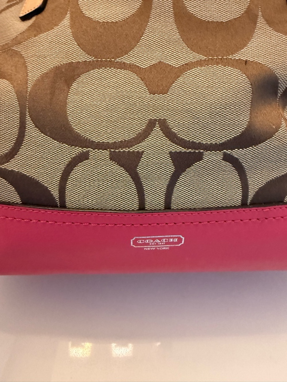Coach Beige Signature Canvas Tote with Pink Trim and Tan Handles - Picture 3 of 11